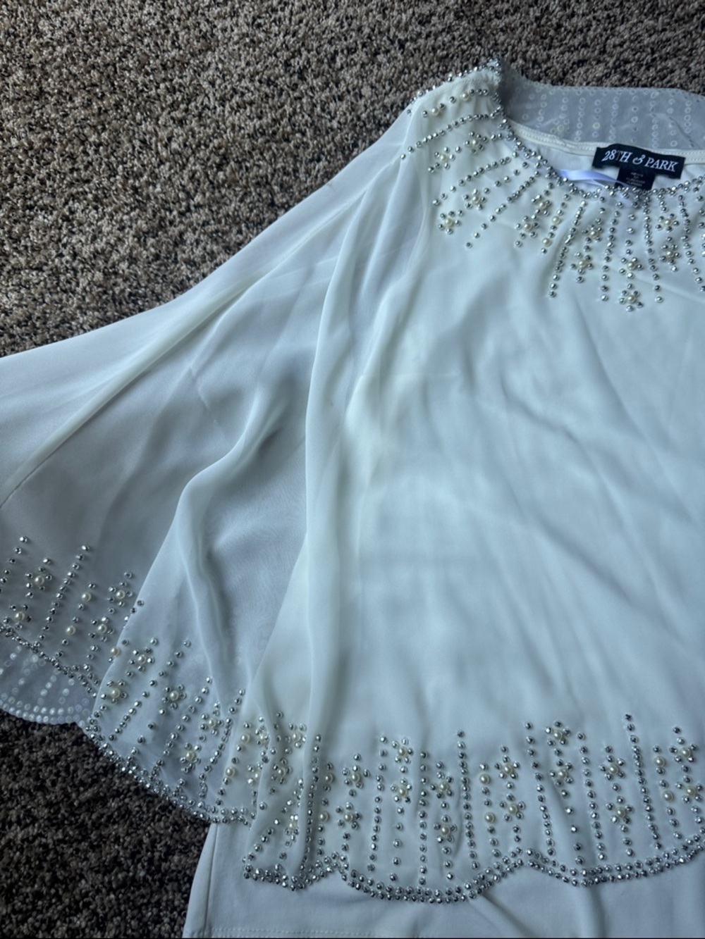 Ariella Light White Beaded Chiffon Cape Sleeve Top